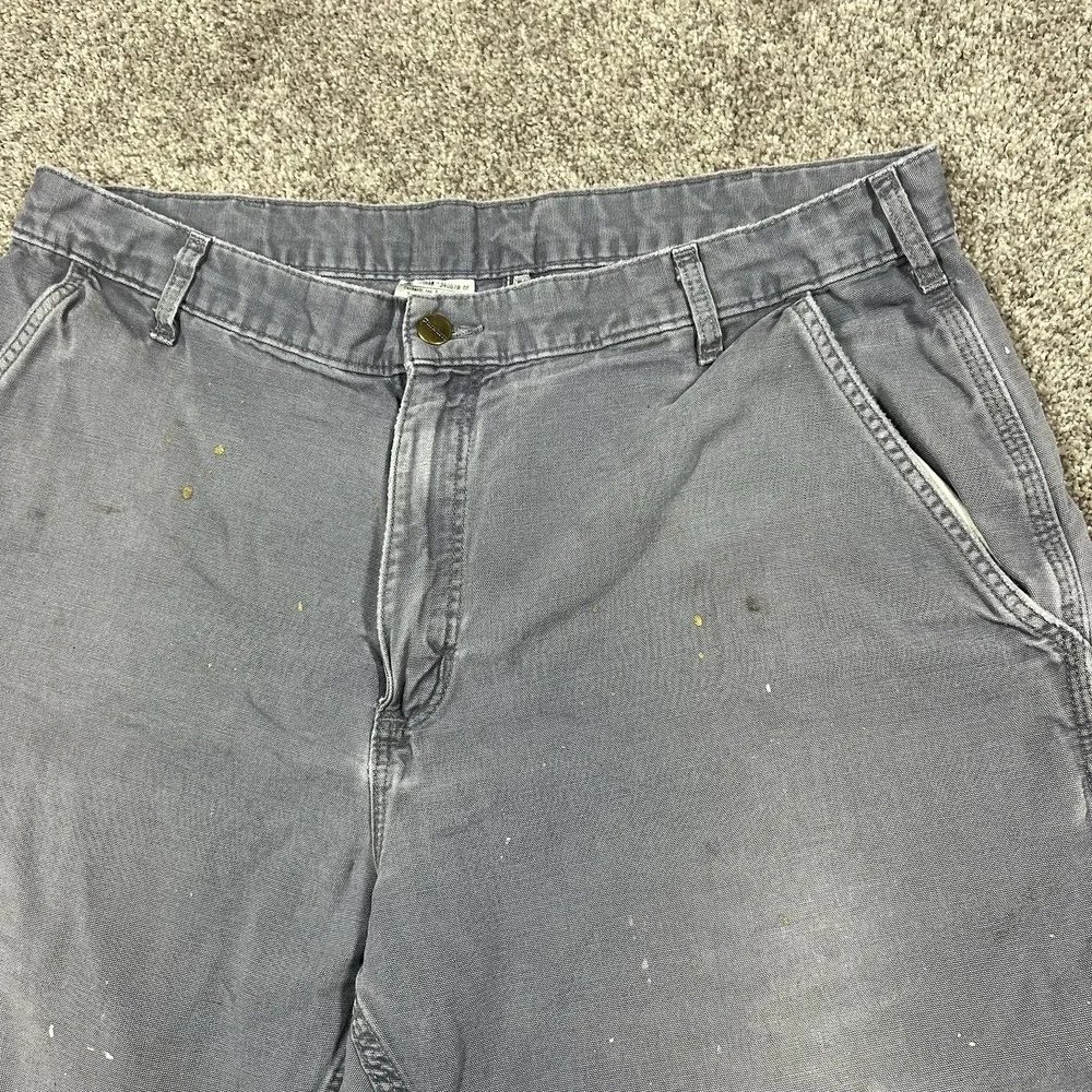 Vintage Carhartt Canvas Carpenter Shorts 36 Faded Grey Distressed Paint Splatter